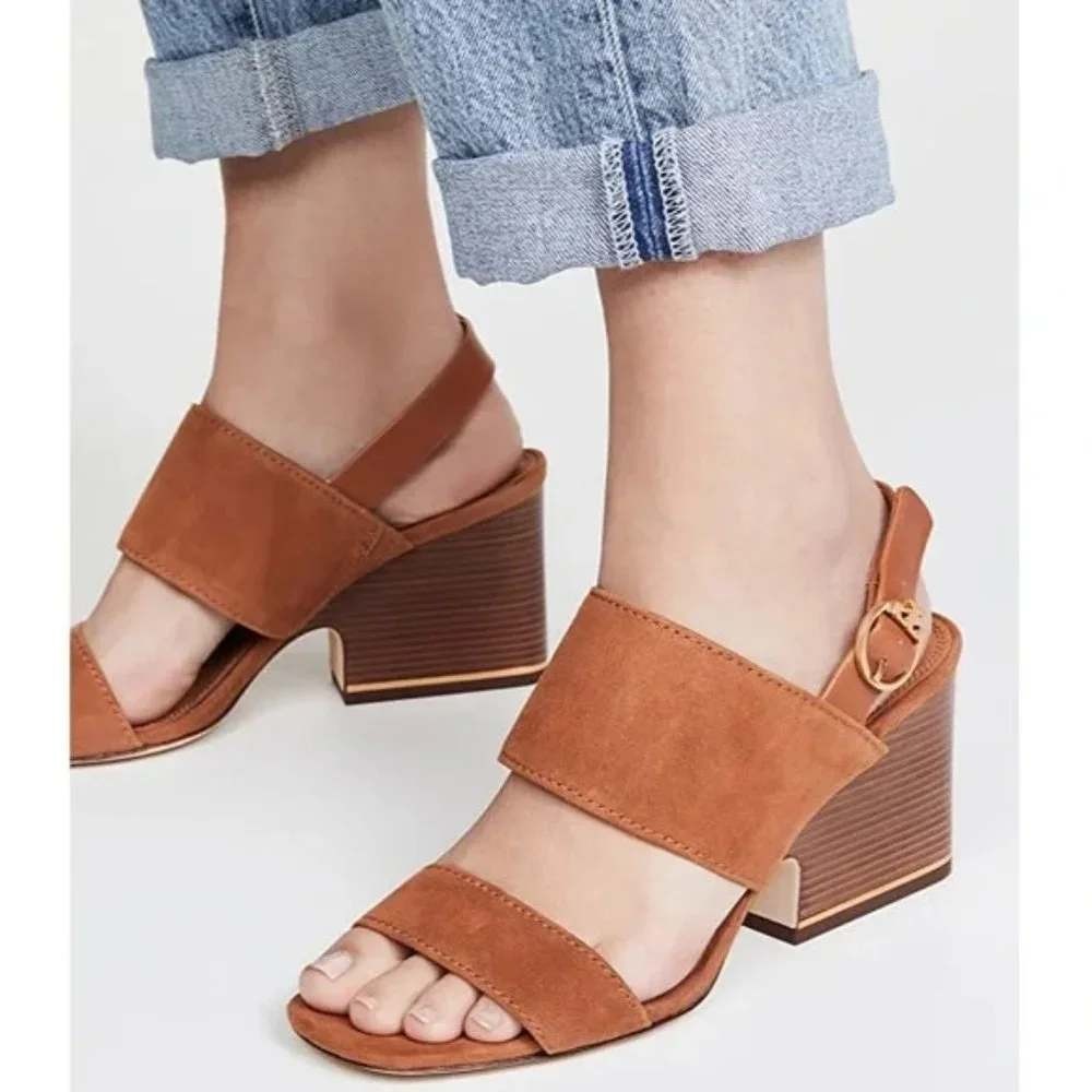 Tory Burch Tan Suede‎ Block Heel Slingback Sandals Gold Logo Buckle Womens 8M